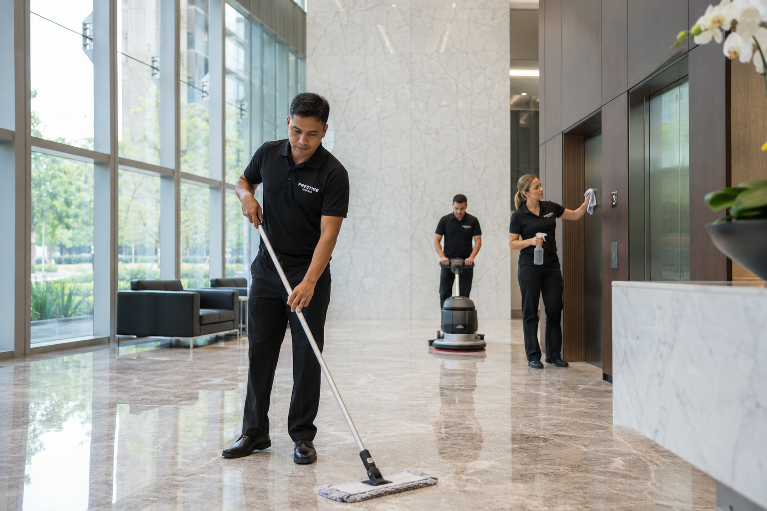 MS Facilities crew completing a commercial cleaning project in a modern office lobby