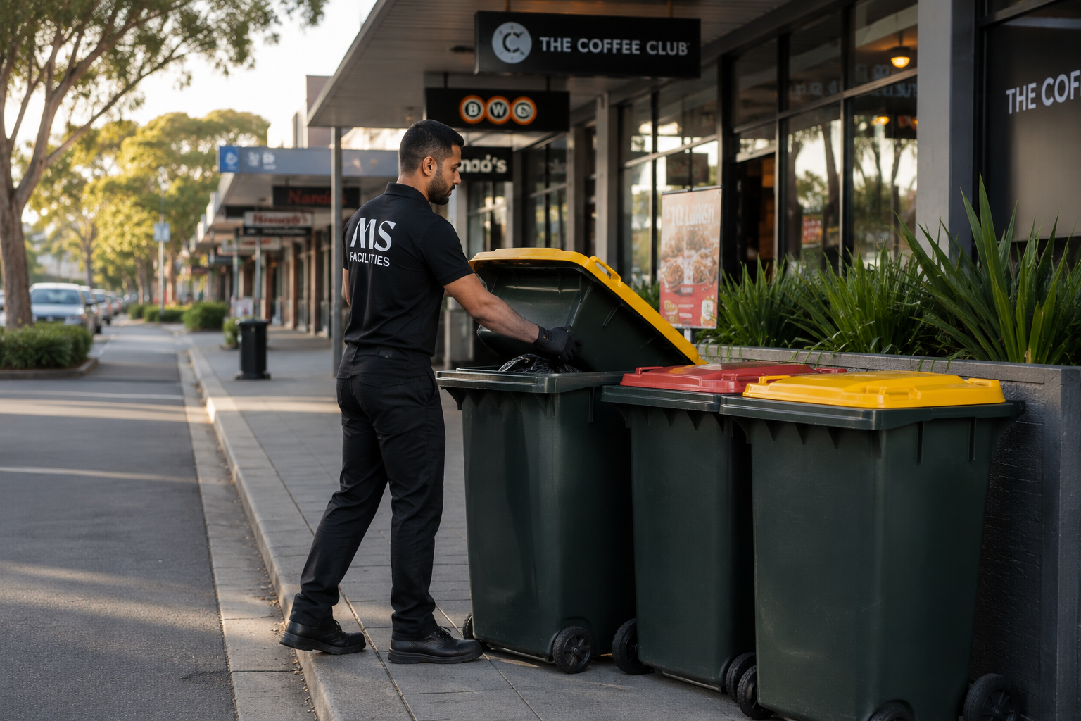 Commercial waste bins being cleared outside a retail premises