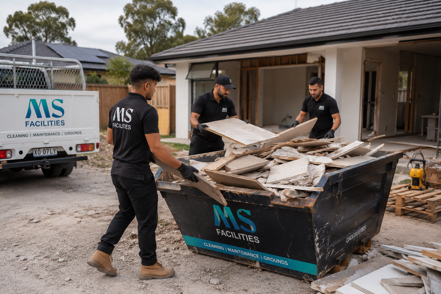 Construction site clean-up with building material debris removal